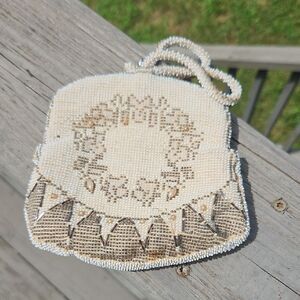 Vintage Beaded Evening Purse Coin Bag Cream Floral Pattern Art Deco Style